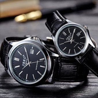 2016 High Quality SBAO Vintage Style Leather Strap Calendar Couples Quartz Watch men Black Band (black) - intl  