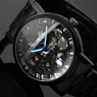 2016 New hitam pria kerangka jam tangan Stainless Steel Steampunk antik santai kerangka jam tangan mekanik otomatis Male - International  