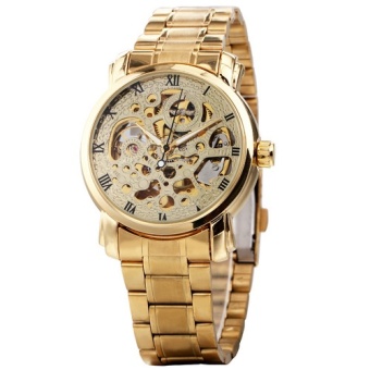 2017 WINNER Fashion Men's Golden Watches Roman Number Dial Leather Strap Mechanical Skeleton Wristwatches Men Luxury Brand 339 - intl  