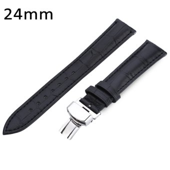 24MM Leather Watch Strap Butterfly Clasp Band (BLACK)  