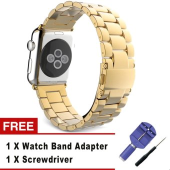 3 Pointers Solid Stainless Steel Metal Replacement Watchband Bracelet with Double Button Folding Clasp for Apple Watch iWatch 42mm (Gold)  
