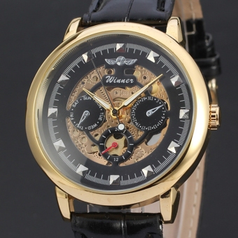 3d Logo Design Hollow Engraving Black Gold Case Leather Skeleton Mechanical Men Watch  