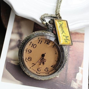 AILANG Women's pocket watch vintage large wedding gift Alice's wonderland drink me coffee tea pendant necklace (as pic) - intl  