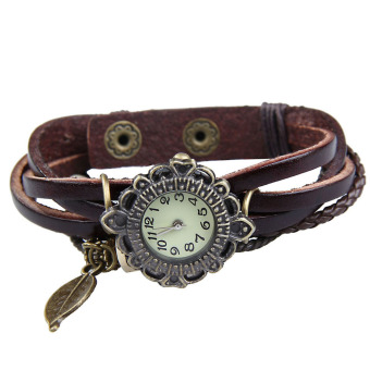 Amart Women Vintage Braided Rope Faux Leather Wrap Quartz Bracelet Wrist Watch Dark Brown - intl  