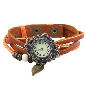 Amart Women Vintage Braided Rope Faux Leather Wrap Quartz Bracelet Wrist Watch Light Brown - intl  
