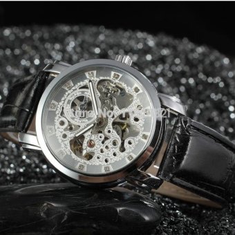 Automatic Men Silver Color Skeleton Watch with Black Leather Band Wristwatch - intl  