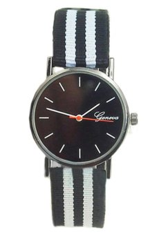 BODHI Unisex Geneva Fashion Striped Knitted Nylon Band Wrist Watch (Black Strap&Black Dial)  