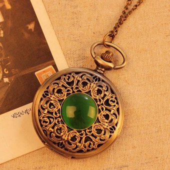 booby New Bronze Vintage Pocket Watch Women Necklace Quartz With Long Chain Hollow Big Green Stone Best Gift (bronze) - intl  