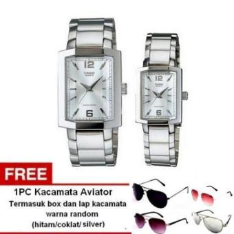 Casio Couple Watch Jam Tangan Couple - Silver - Strap Stainless Steel - 1233D-7A + 1pc kacamata aviator dengan warna random termasuk kotak kacamata dan lap kacamata  