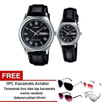 Casio Jam Tangan Couple - Hitam Silver - Strap Genuine Leather - V006L-1BUDF + Free 1pc kacamata Korea style - warna random termasuk kotak dan lap kacamata  