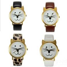 Casual Smile Cat Face Gold Color Case PU Leather Band Unisex Quartz Watch(Leopard)