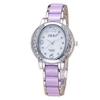 Ceramic women watch oval diamond dial alloy waterproof watch -Silver shell purple - intl  