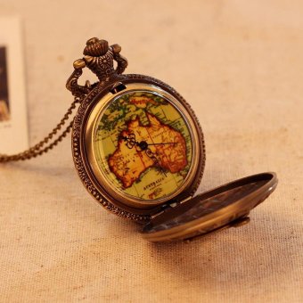 cusepra Map Pattern Necklace Pocket Watch Antique Bronze Quartz Alloy Pendant With Long Chain Retro Hot Sale (bronze) - intl  