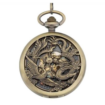 foorvof 2016 Retro Punk Watches Men Women Necklace Chain Mechanical Dragon and Phoenix hollow Pendant Pocket Quartz Watch (Yellow) - intl  