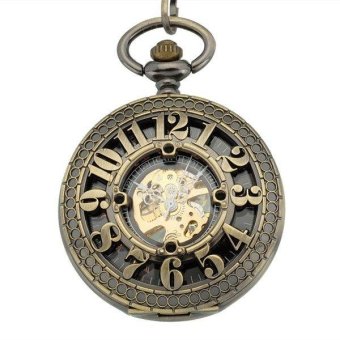 foorvof 20pcs/lot Antique Hollow Arabic Numbers Bronze Case Vintage Black Dial Pocket Watch Mechanical Analog Display Pendant Watch (Yellow) - intl  