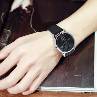 Geometry Pattern Women Men Leather Quartz Student Wristwatch (Black) - intl  