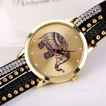 Girl Elephant Rivet Bracelet Quartz Braided Winding Wrap WristWatch - Black - intl  