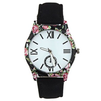 HKS Luxury Woman Leather Strap Flower Cloth Analog Quartz Wrist Watch Black  