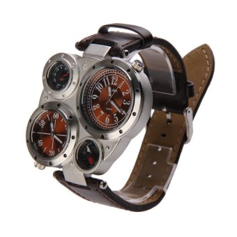 HKS Men OULM Military Army Dual Time Zones Big Dial Leather Sports Watch Brown  