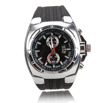 HKS Men V6 Sports Round Dial Quartz Rubber Strap Wrist Watch Silver Case  