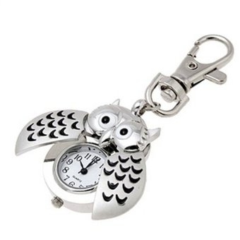 HKS Mini Metal Key Ring owl double open Quartz Watch Clock- Silver  