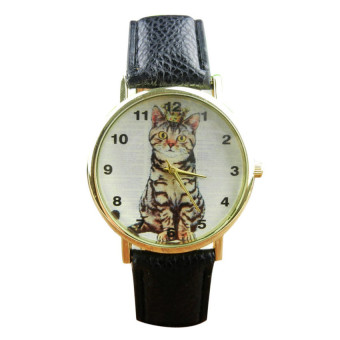 HKS Neutral Diamond Lovely Cats Face Faux Leather Quartz Watches Black  