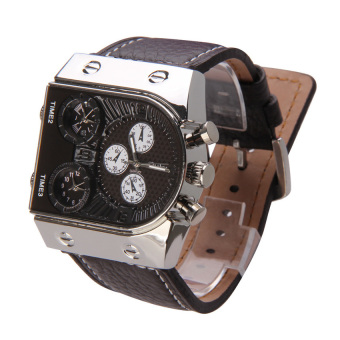 HKS OULM Mens Oversize 3 Time Zone Military Sport Leather Quartz Brown  