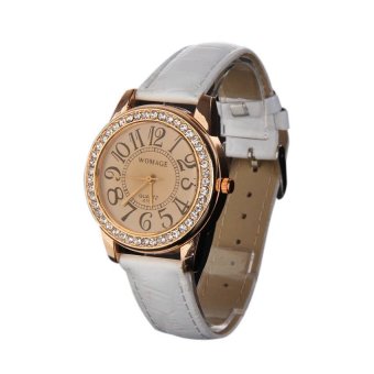 HKS Popular Ladies Watch PU Leather Band Alloy Round Face with Crystals White  