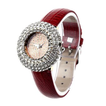 HKS Women Luxury Starry Leather Inlay Diamond Rhinestone Quartz Watches Red  