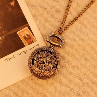 hogakeji Vintage Retro Pocket Watch Women Necklace Quartz Alloy Pendant With Long Chain Hollow Flower Building Decoration (bronze) - intl  