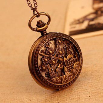 honful Pocket Watch Necklace Quartz Pendant Vintage Women With Long Chain Flower Building Pattern New Arrival (bronze) - intl  