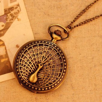 huazhong Big Peacock Pattern Retro Vintage Pocket Watch Women Necklace Quartz Alloy Pendant With Long Chain (bronze) - intl  