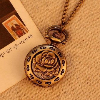 huazhong Vintage Retro Rose Pattern Women Pocket Watch Bronze Necklace Quartz Alloy Pendant With Long Chain (bronze) - intl  