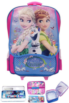 BGC Disney Frozen Fever Elsa Anna Kantung Depan Troley Anak SD + Lunch Bag Aluminium + Kotak Pensil + Alat Tulis - Blue Pink
