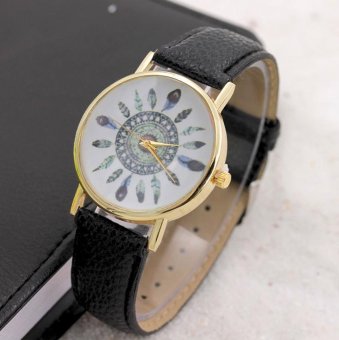 CE Geneva belt feathers watch female models peacock hair PU leather table female fashion fashion European and American table fashion single product watch selling single product round dial black strap pattern dial - intl