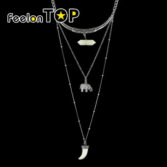 Feelontop Tibetan Design Multilayers Elephant Resin Stone Pendant Long Necklaces(s-white)