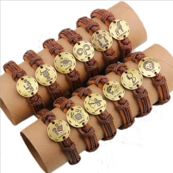 CE 12 Set Of 12 Constellations Antique Copper Real Leather Bracelet Personalized Jewelry Constellation Retro Bracelet Brace Leather Necklace Couple Bracelet Men's Bracelet Punk Bracelet Red - intl