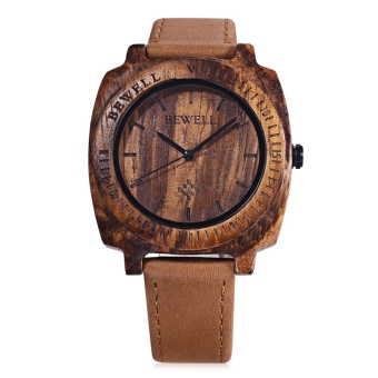 BEWELL ZS - W098B Unisex Quartz Watch Japan Movt Square Wooden Dial Leather Strap Wristwatch