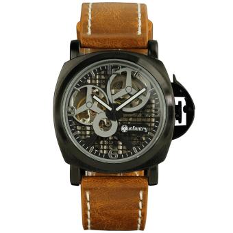 INFANTRY Mens Skeleton Mechanical Watch Steampunk Classic Sport Brown Leather