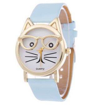 Cute Glasses Cat Women Analog Quartz Dial Wrist Watch - intl