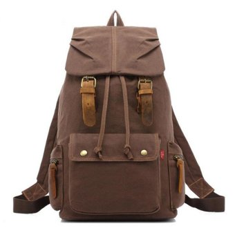 AUGUR Canvas Backpack Straw String Outdoor Mountain Travel Bag Washed Canvas Bag with Leather Camping Rucksack Men Women Black(Coffee)-intl