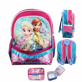 BGC Frozen Fever Full Sateen Gilter Renda Tas Ransel Anak Sekolah TK + Lunch Bag Aluminium Tahan Panas - Blue Pink