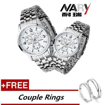 NARY 6033 Dial klasik sepasang kekasih pria wanita lengkap jam tangan Stainless Steel kuarsa putih (dengan gratis yang dapat pecinta cincin) - International