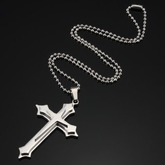 2PCS Unisex's Men Tone Titanium Steel Cross Pendant Necklace Bead Chain New Year Gift Silver - intl