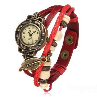 LD Shop Vintage Weave leaf Leather Women Bangle Bracelet Quartz Wrist Watch (Orange)