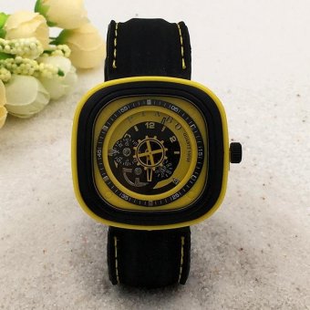 CE gear turn second hand imitation mechanical male watch square silicone watch sports watch fashion single product watch selling single product round dial black strap yellow dial - intl