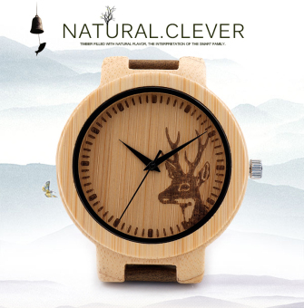 BoBoBird Deer Styles Men's Luxury Brand Clock Leather Band Wooden Bamboo Wristwatches(Brown)