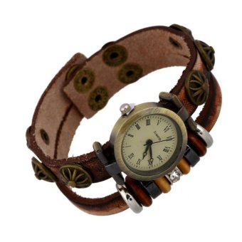 CE Europe And The United States Retro Cowhide Bracelet Watch Men And Women Fashion Bracelet Table College Students Personalized Leather Watch Five-Pointed Sapphire Saucer Cowhide Bracelet Watch Men And Women Leather Watch Punk Coffee - intl
