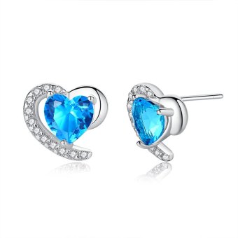 Wedding Party Bridal Jewelry Heart Gems Sea Blue Color Stud Earrings Solid 925 Sterling Silver Earrings - intl
