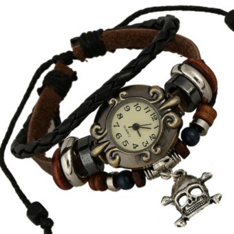 CE Beaded Hand Bracelet Men & Women's Bracelet Table Skull Head Crane Retro Leather Bracelet Watch Men & Women's Leather Watch Punk Coffee - intl